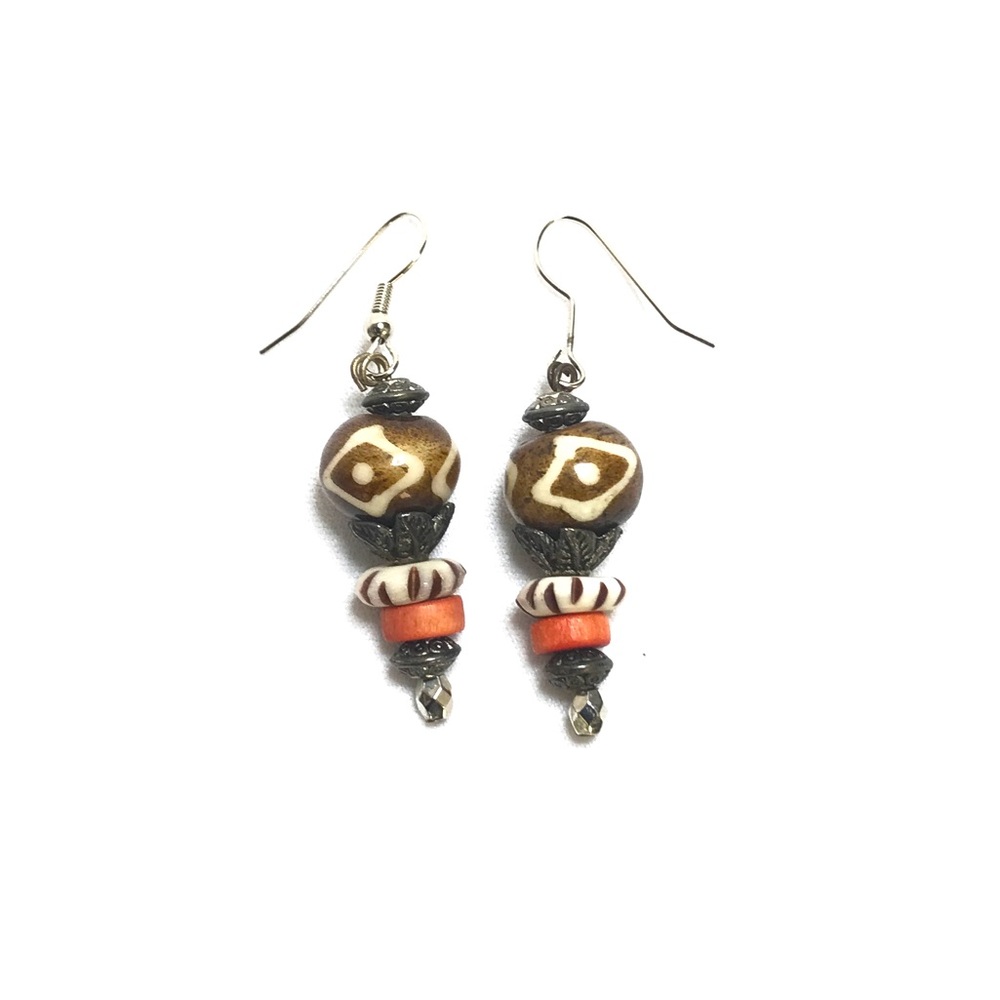 Cream, brown & orange beads layered with silver toned beads